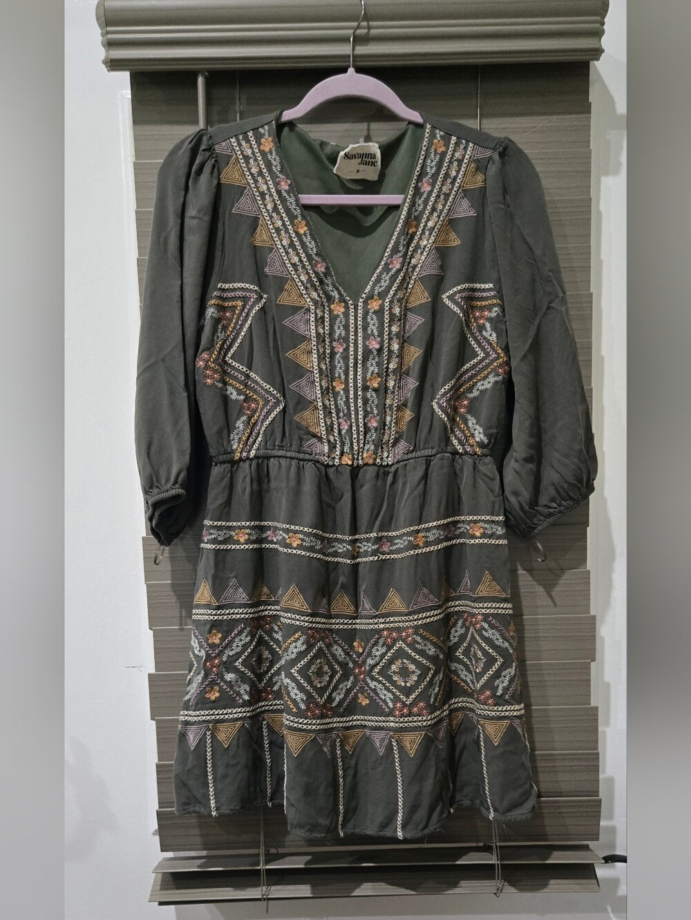 Savanna Jane Embroidered Olive Green Midi Dress with Multicolor Accents